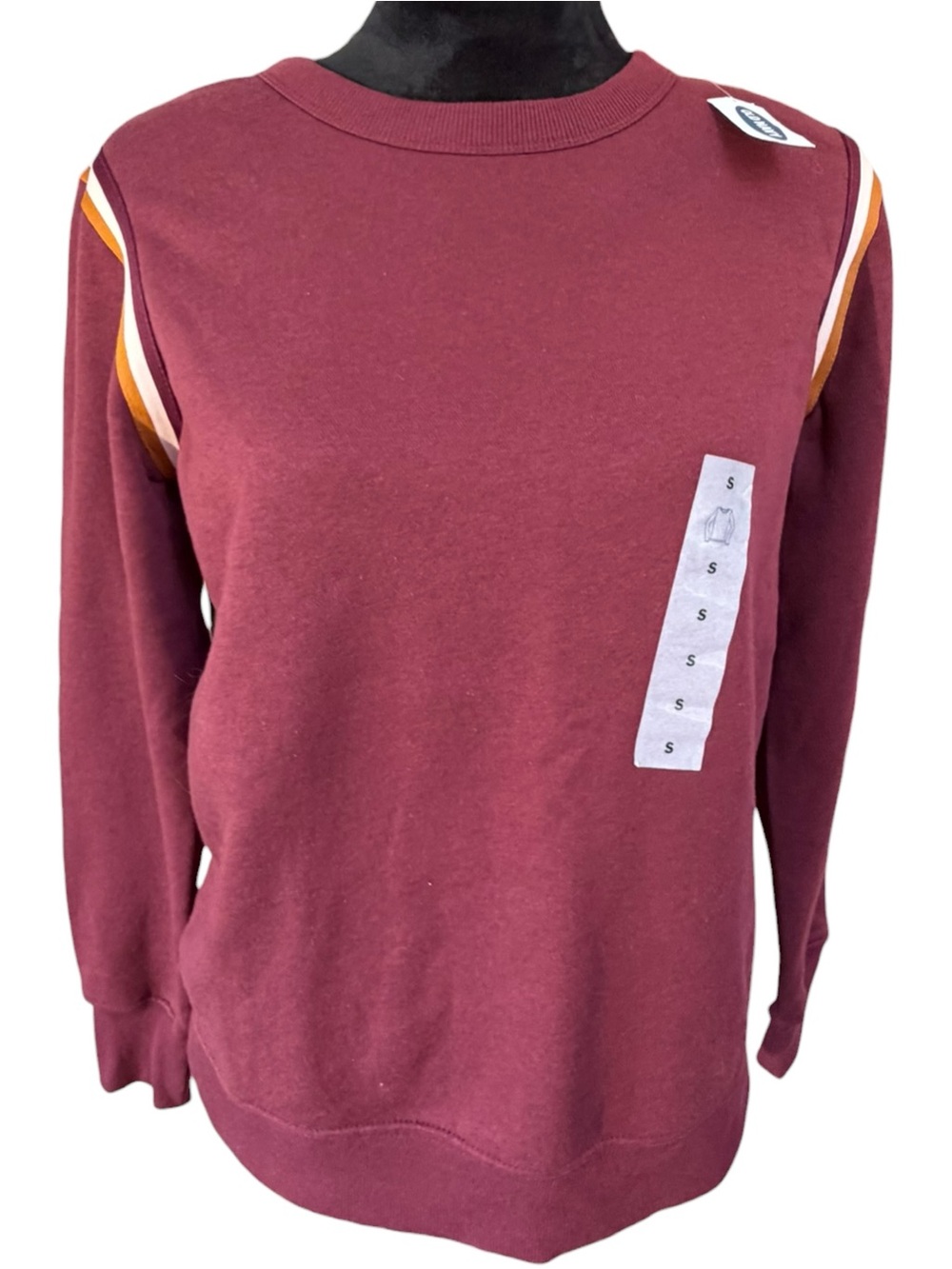 Old Navy Maroon Crewneck Sweater with Yellow & White Shoulder Stripes